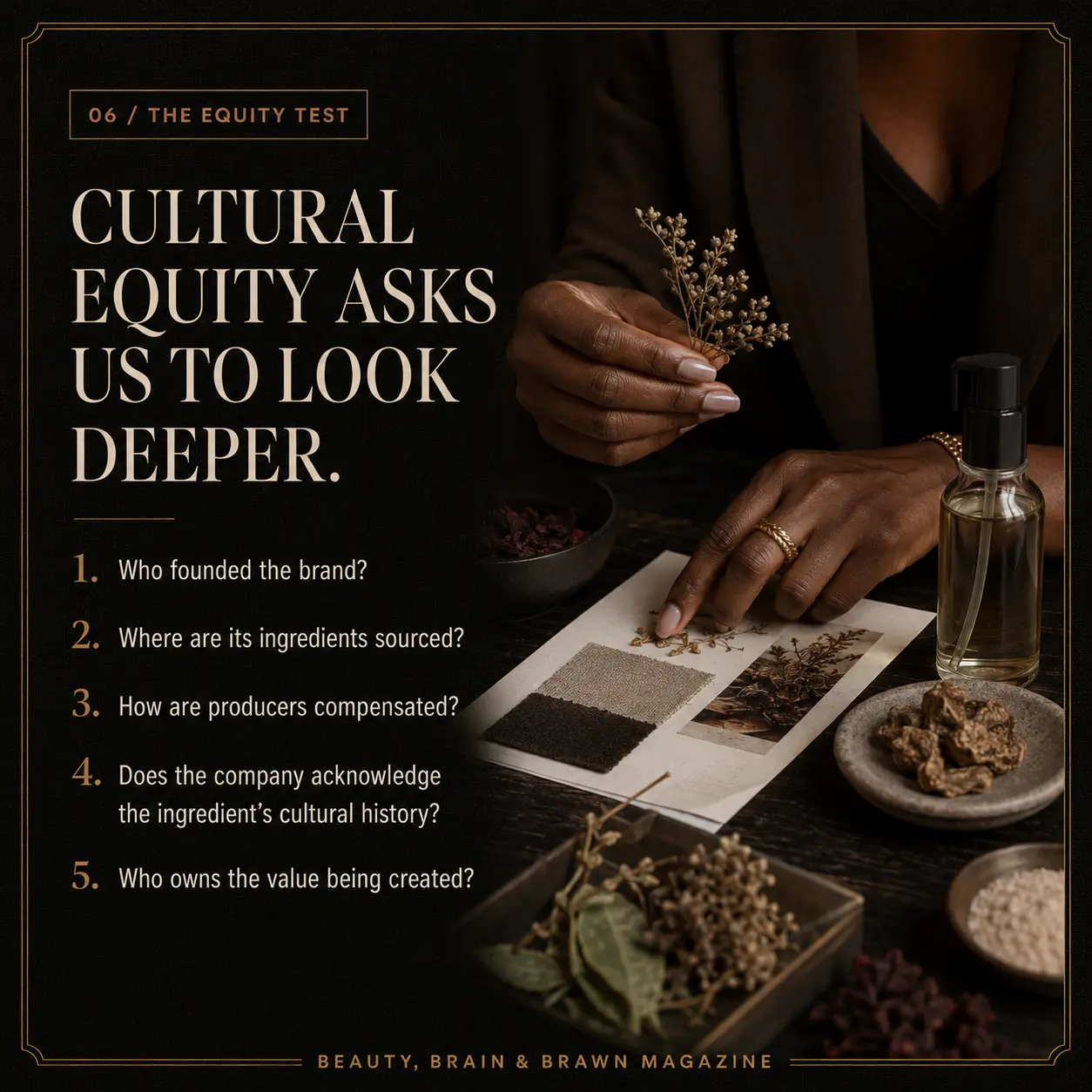 Slide 6. The Equity Test: five questions about who founded the brand, where ingredients are sourced, how producers are compensated, whether cultural history is acknowledged and who owns the value created.