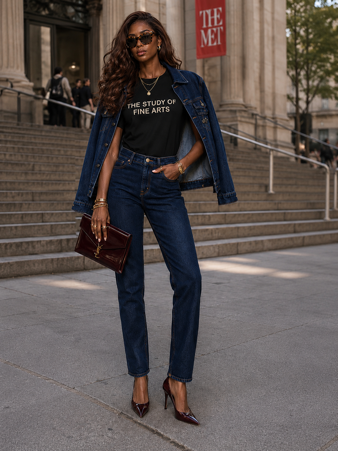 The Study of Fine Arts — editorial fashion portrait in front of The Met wearing a PacSun x The Met graphic tee, denim, and burgundy heels