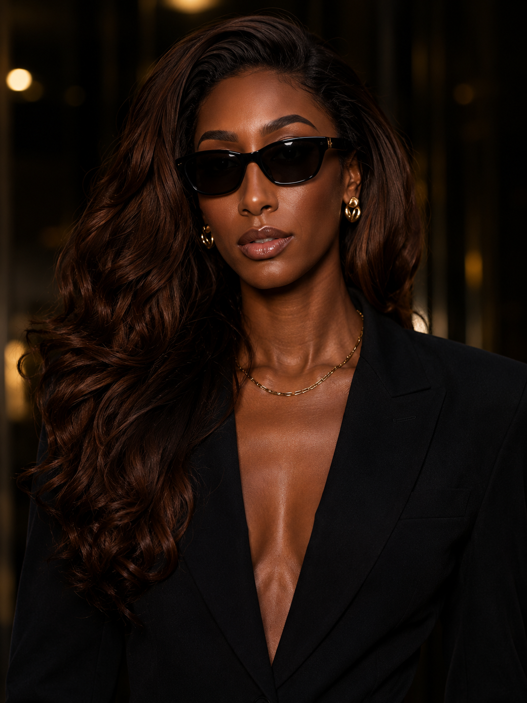 Editorial portrait in black tailoring and gold jewelry