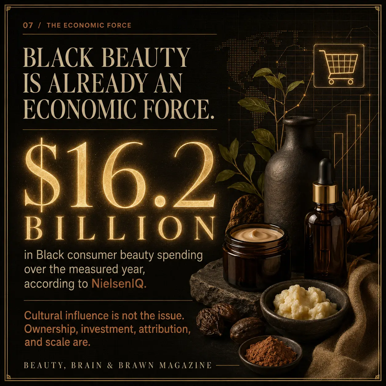 Slide 7. The Economic Force: 16.2 billion dollars in Black consumer beauty spending over the measured year, according to NielsenIQ. Cultural influence is not the issue. Ownership, investment, attribution and scale are.