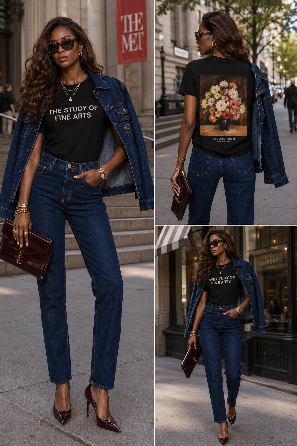 Details breakdown: front, back, and styled views of the PacSun x The Met The Study of Fine Arts look