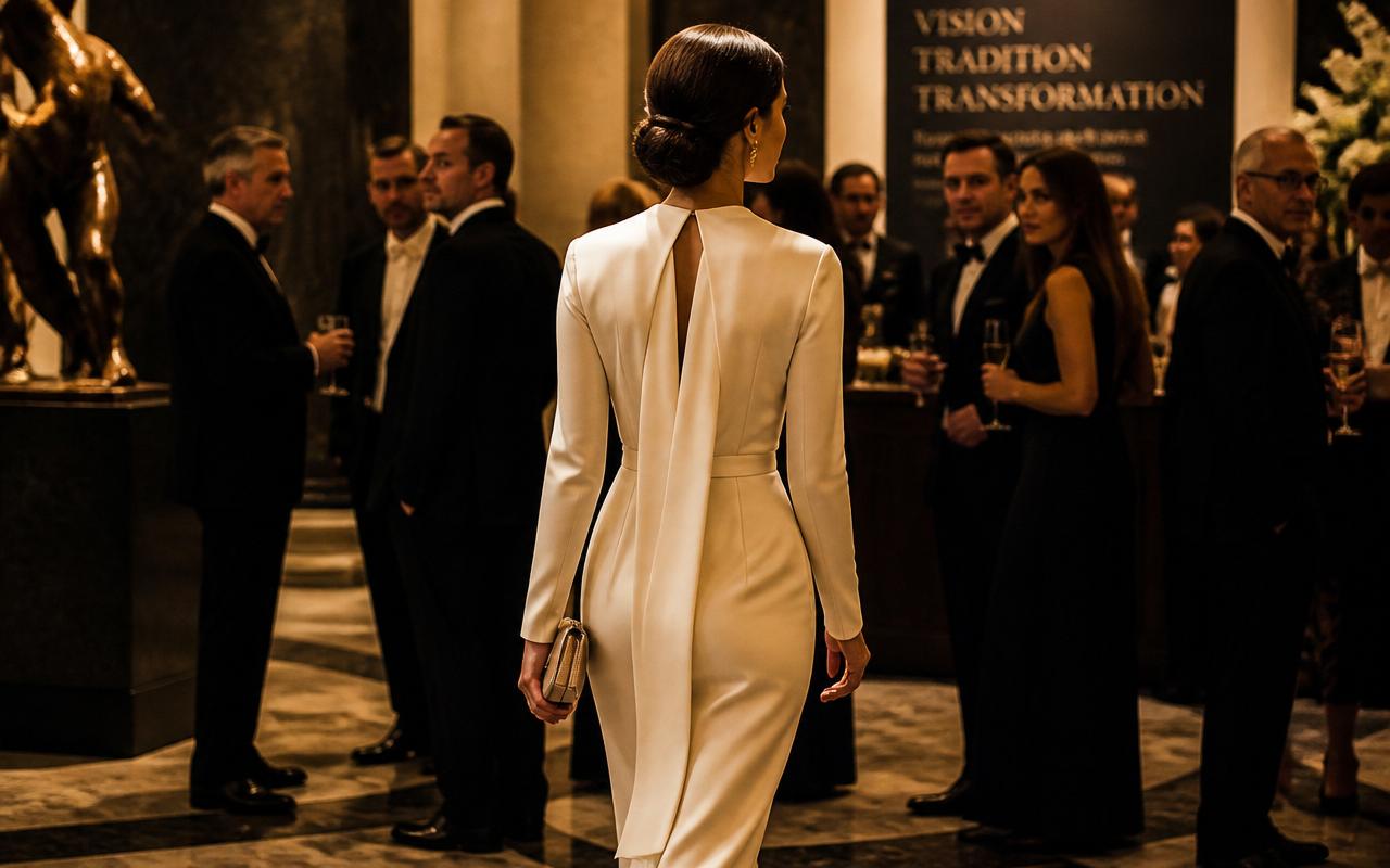 The Power of Selective Visibility — editorial portrait of a composed executive woman entering an elegant gala